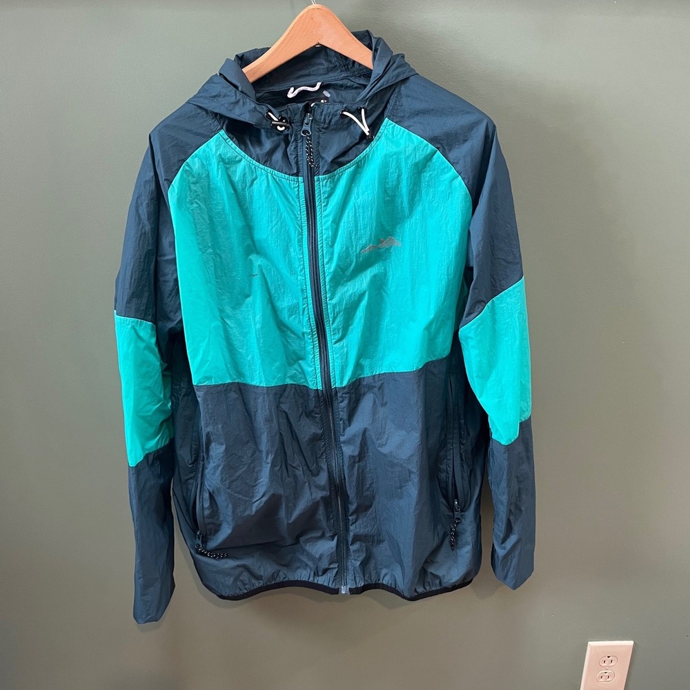 KAVU Men Windbreaker Jacket Teal Gray Colorblock Hooded Lightweight L